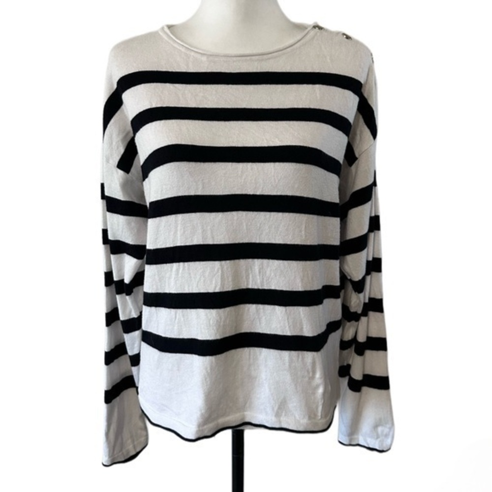 Vila Milano Black & White Stripes Scoop Neck Top With Silver Buttons Detail Sz M